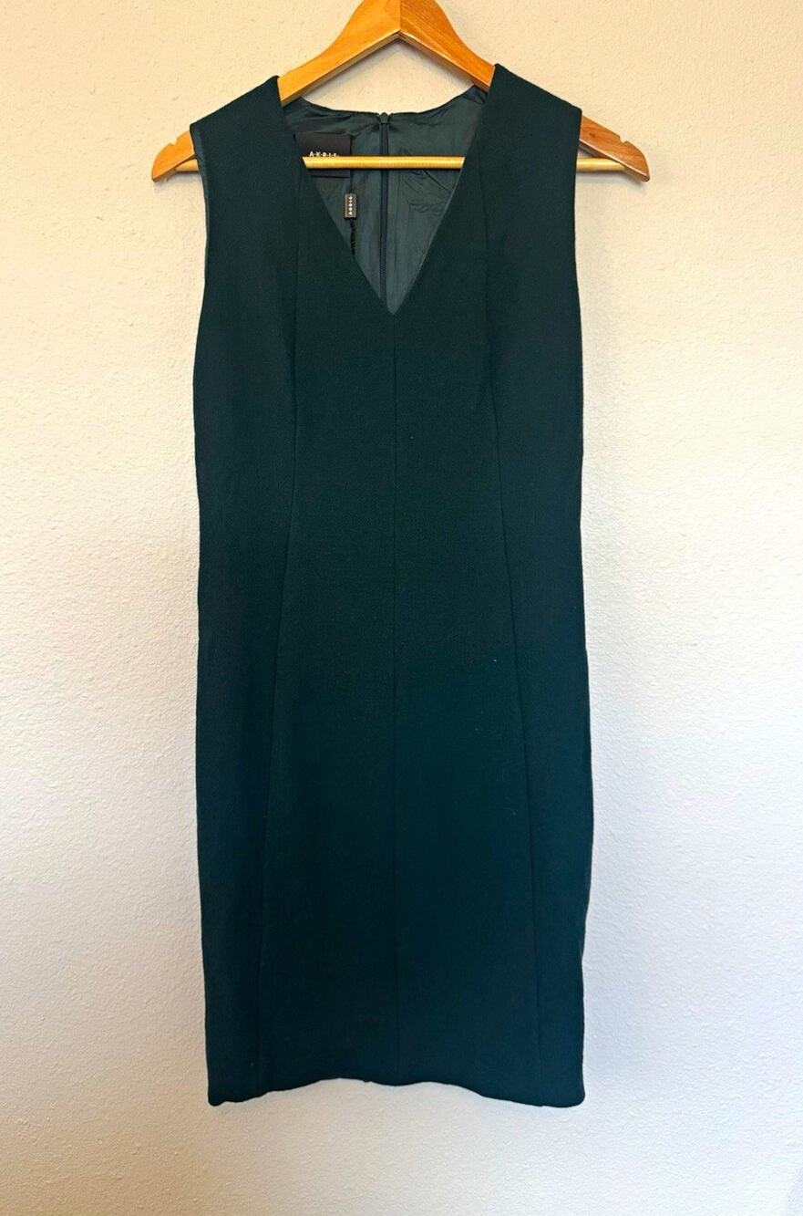 Akris Green Sheath Dress V-Neck Sleeveless Knee Length Wool Silk Size 10